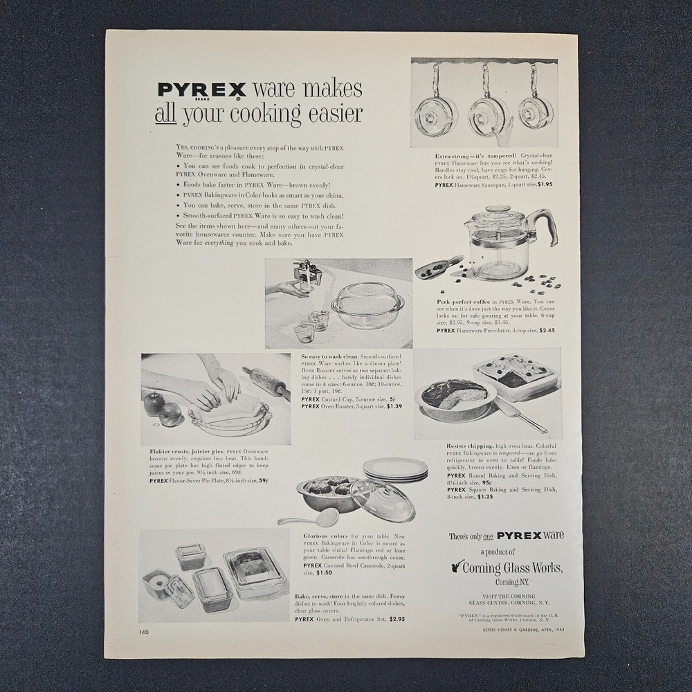 1953 Pyrex Ovenware Flameware‎ Bakeware Cookware Vintage Print Ad Corning NY